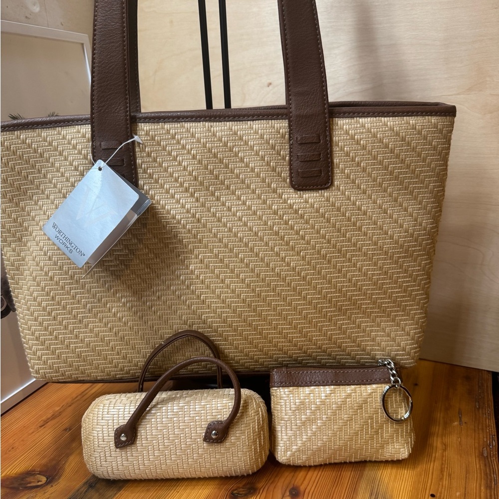 Worthington Natural Straw Tote with Brown Trim and Matching Accessories